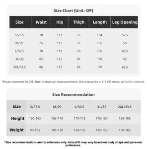 Detailed size guide for loose camouflage cargo pants with waist and length chart