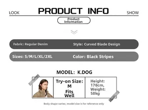 Size chart and details for black striped wide-leg jeans with curved seam design