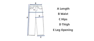 Size guide diagram showing measurements for waist, hips, thigh, leg opening, and length