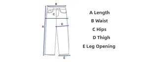 Size chart showing measurements for length, waist, hip, thigh, and leg opening of cargo pants
