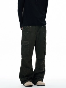 Olive green multi-pocket cargo pants with loose straight fit and metal rivets