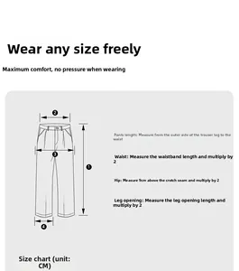 Size guide showing measurements for waist, hips, and leg opening of the blue denim pants