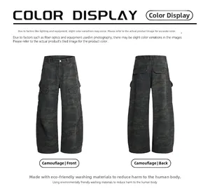 Macro detail of camouflage cargo pants showing front and back view with utility pockets
