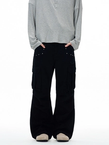 Men's loose straight leg black cargo pants with multiple pockets and silver rivet details