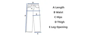 Size chart showing pants length, waist, hip, thigh, and leg opening measurements