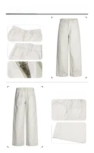 Detail display of wide-leg cotton pants featuring drawstring waist and metallic zipper