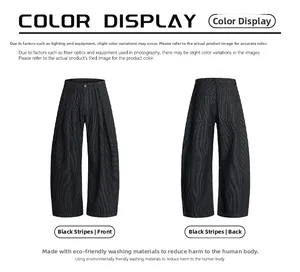 Front and back detail view of black striped wide-leg trousers in eco-friendly denim fabric