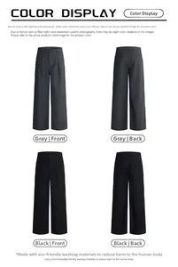 Flat lay of wide leg pleated trousers in grey and black showing front and back views