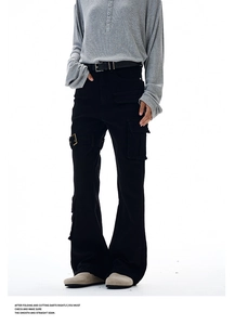 Detailed view of black cargo flared pants featuring a high waist and metal buckle accent