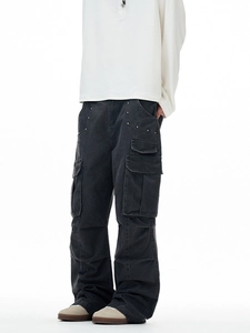 Dark gray wide leg cargo pants with multiple pockets and silver metal rivet details