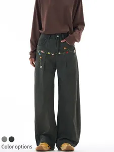 American High Street Men Wide Leg Jeans Floral Embroidery Retro Washed Cotton Cargo Pants Loose Straight Denim Trousers