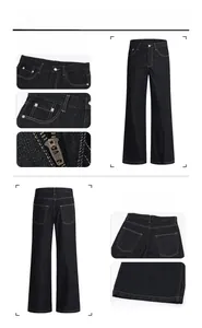 Detail view of dark blue wide leg denim jeans with high waist and contrast stitching