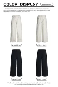 Front and back views of black and white wide-leg cotton pants with elastic waist