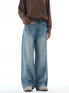 Retro washed light blue wide-leg denim jeans for men and women in street casual style
