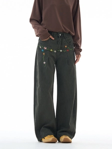 Women's dark green wide-leg jeans with colorful flower embroidery and curved cut