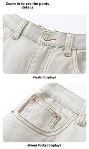 Detailed macro view of white loose jeans featuring metal button and reinforced stitching