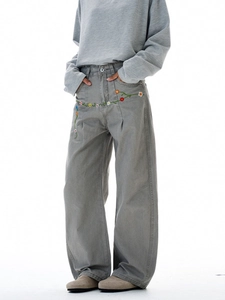Men's American high street wide leg jeans with colorful flower embroidery and grey sweatshirt