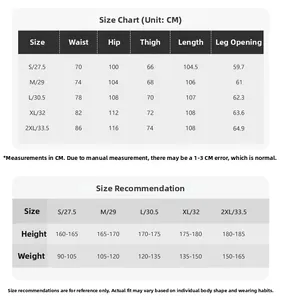 Detailed size chart for black wide-leg denim pants showing waist, hip, and length measurements