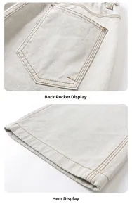 Detail of light gray pants featuring hex back pockets with rivets and double-stitched hems