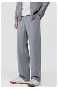 Detail shot of men's grey straight-leg trousers with premium drape and side pockets