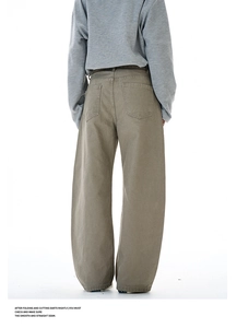 Rear view of army green wide-leg trousers in durable twill cotton with back pockets