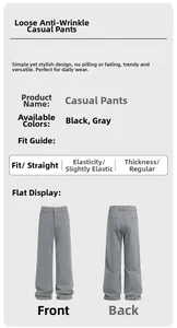 Detail view of grey straight leg dress pants showing fabric texture and fit parameters