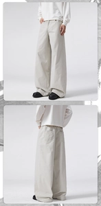 Front and back view of wide-leg cotton twill trousers in cream white finish