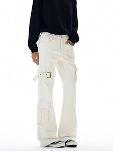 Men's off-white cleanfit flare cargo jeans with side straps and large 3D pockets