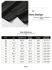 Guide des tailles pour jeans larges noir délavé avec mesures de taille et longueur