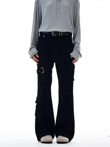 Men's cleanfit white lace-up flare jeans with cargo pockets and high street style