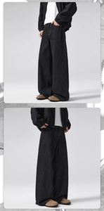 Detailed view of the heavy charcoal denim fabric and wide-leg fit of these men's retro jeans