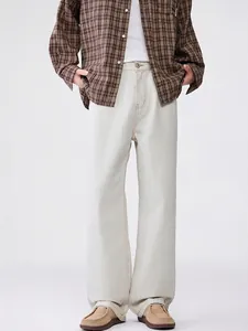 Men Retro Loose Wide Leg Denim Pants Contrast Stitching Apricot Casual Straight Cotton Jeans Streetwear For Daily Wear