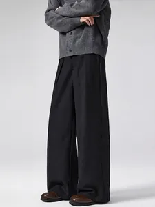 Men Casual Wide Leg Pants Retro Woolen Texture Pleated Straight Fit Dress Trousers Business Office Casual Solid Pants