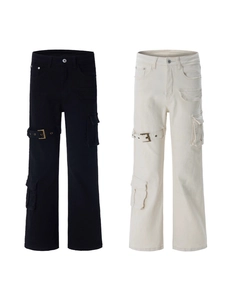 Men's cleanfit white and black flared cargo pants with side pockets and strap details