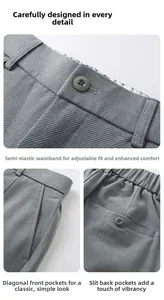 Detail view of charcoal straight trousers featuring semi-elastic waist and slant pockets