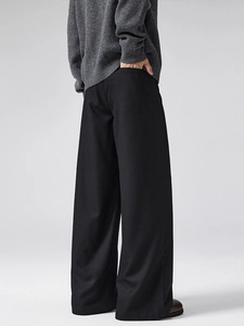 Men's minimalist black wool-blend wide-leg trousers with elegant pleated drape design