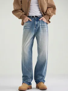 Men Vintage Blue Washed Straight Leg Jeans Retro Whisker Faded Casual Denim Pants Mid Waist Loose Fit Streetwear For Men