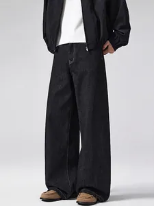 Men Vintage American Retro Old Money Style Wide Leg Jeans Loose Fit Black Denim Contrast Stitching Cleanfit Floor Length Pants