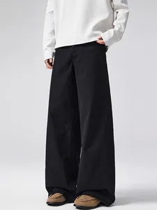 Men's Retro High Street Wide Leg Casual Pants Loose Straight Fit 100% Cotton Minimalist Old Money Style Trousers Gray Black