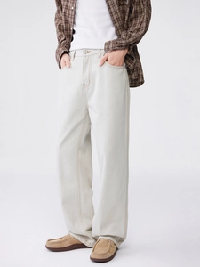 Men's cleanfit loose white straight leg trousers with contrast brown stitching
