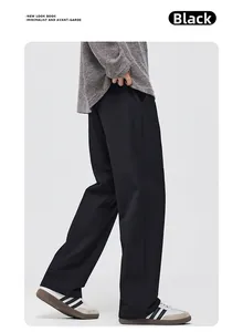 Side view of men's wide-leg black trousers showing smooth drape and minimalist style
