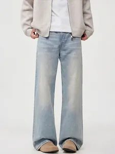 Men's Light Blue Washed Jeans Wide Leg Straight Denim Pants Retro American Style Loose Fit Casual Trousers For Teens
