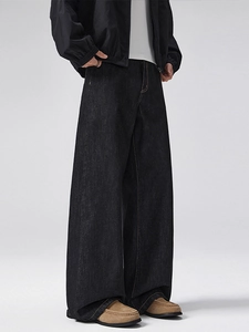 Vintage raw indigo A-line wide leg denim jeans with minimalist loose fit for unisex