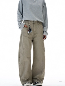 Men's American vintage streetwear olive green work pants with paneling and wide leg cut