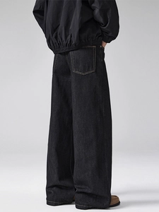 Classic dark wash wide leg denim jeans with contrast stitching and oversized back pockets