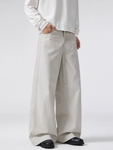 Men's high-waisted wide-leg cotton trousers in light grey with a straight loose fit