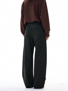 Retro faded拼接 design dark grey wide leg work pants with high waist and back pockets