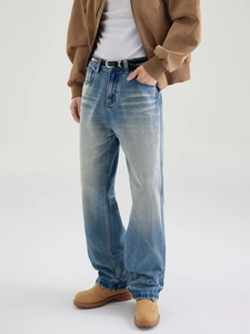 Men's light blue stone washed straight jeans with cat-whisker details and casual vibes