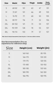 Tableau des tailles détaillé pour pantalon d'hiver homme avec mesures précises