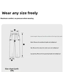 Guide des tailles montrant les mesures de la taille, des hanches et de la longueur du pantalon